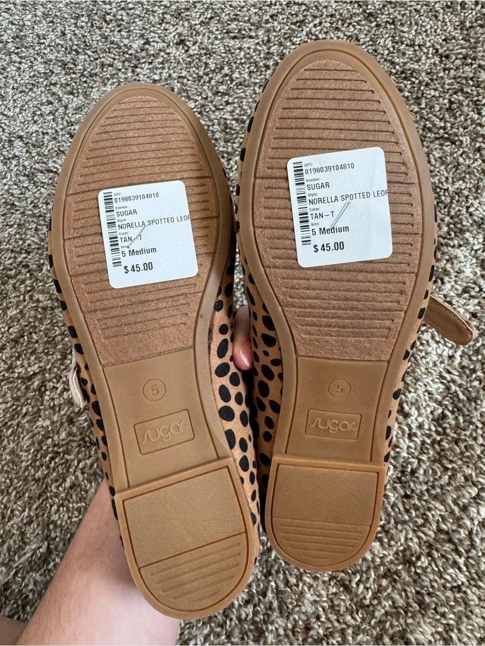 Sugar Girls Tan and Black Spotted Mary Jane Flats